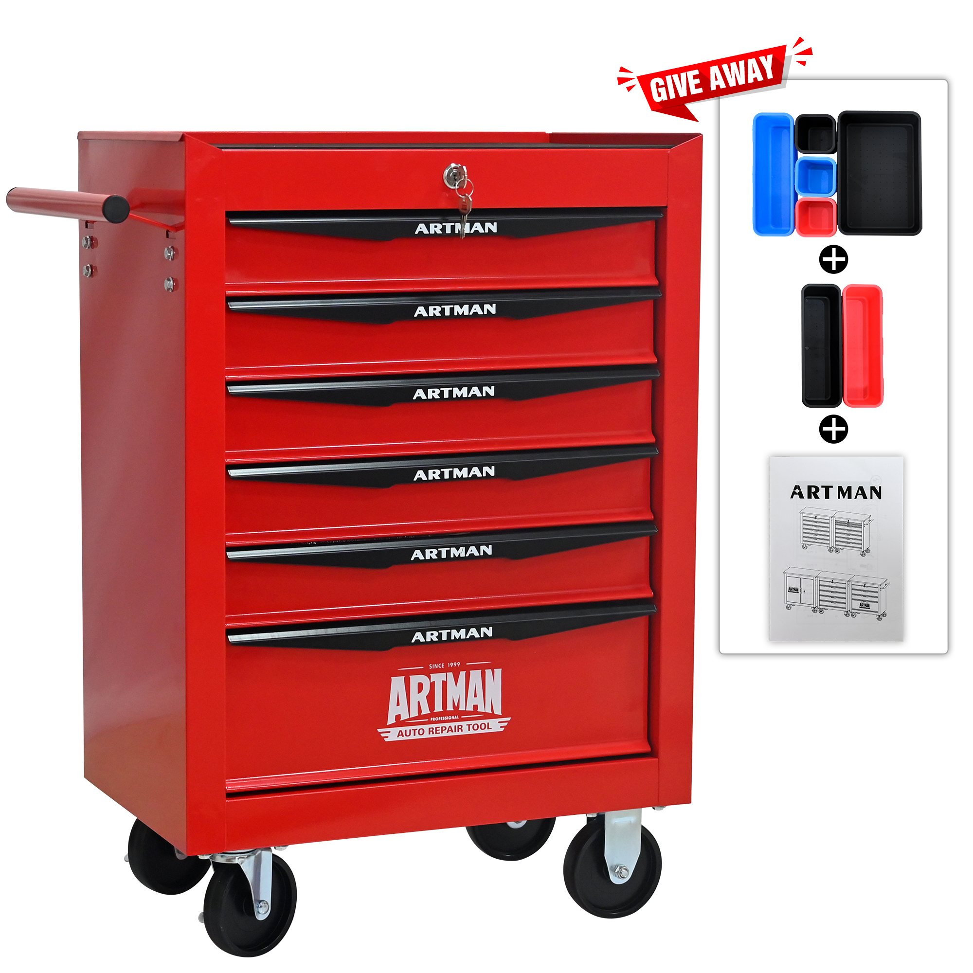 E-Western Rolling Metal Tool Chest with 6 Drawers 20 Inch Steel Storage Cabinet on Wheels Red Black 4 Casters Lockable Durable Heavy Duty