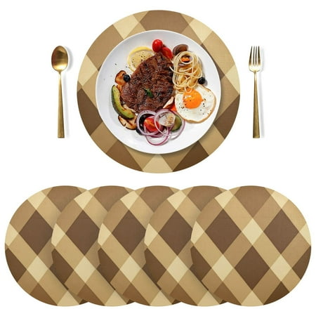 

Round Placemats Plate Mats 15 Inch Non-Slip Heat Resistant Washable PVC Set Table Decoration for Kitchen Dining Brown and Tan Check