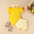 thumbnail image 4 of CUZIBR Baby Girl Toddle Romper Outfits Leopard Graphic Short Sleeve Round Neck Jumpsuit Stylish Elastic Waist Cute Bow Ruffled Shorts Headbands 3 Piece Clothes Sets,Yellow,3-6 Months, 4 of 6