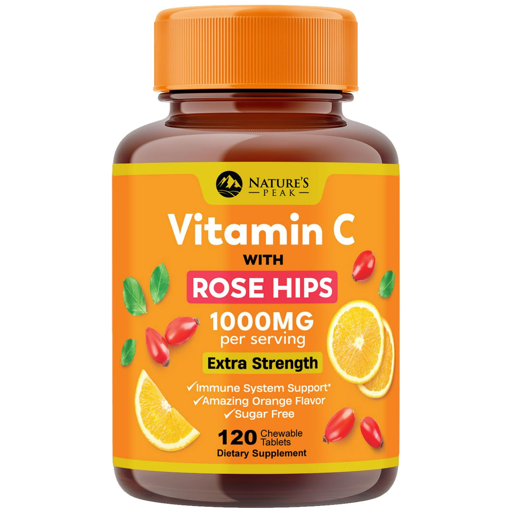 Vitamin C 1000mg Per Serving - Extra Strength Daily Immune Support with Rose Hips Chewable Supplement - Sugar Free Tasty Orange Flavor - Antioxidant & Collagen Support - USA Bottled - 120 Tablets