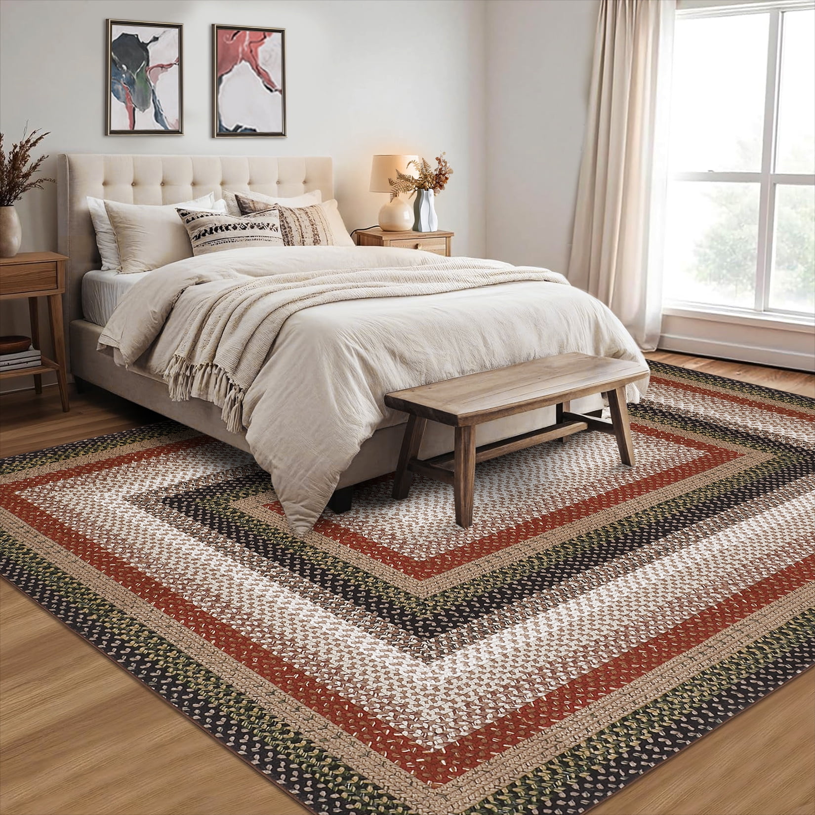 Garvee Modern Washable Braided Print Rugs, 8'x10' Non Slip Farmhouse Floor Carpet Boho Geometric Area Rug for Living Room Bedroom, Red and Black