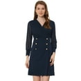 thumbnail image 1 of Unique Bargains Robe Élégante pour Femmes Col en V Contrasté Bouton Décoratif Ligne A Bleu Foncé TG, 1 of 5