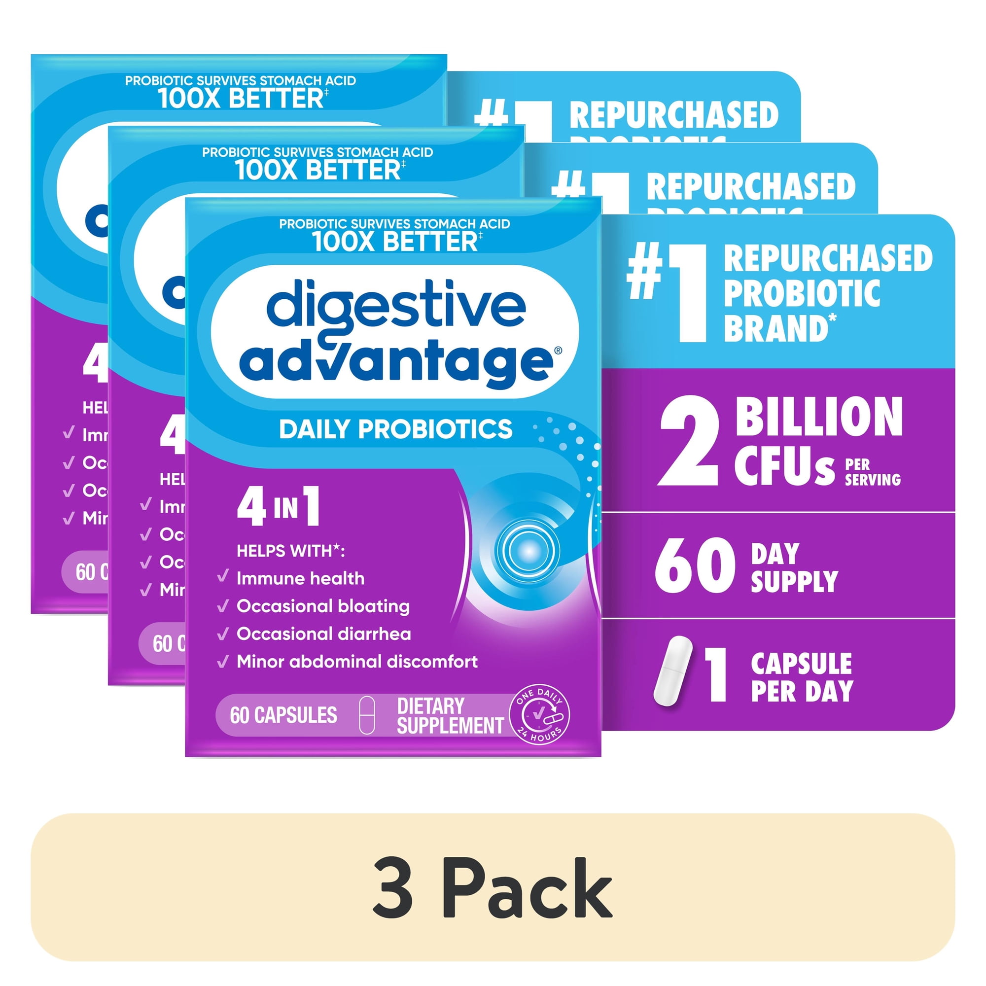 (3 pack) Digestive Advantage Daily Probiotics Capsules for Women and Men, Supports Gut Health, 60 Count