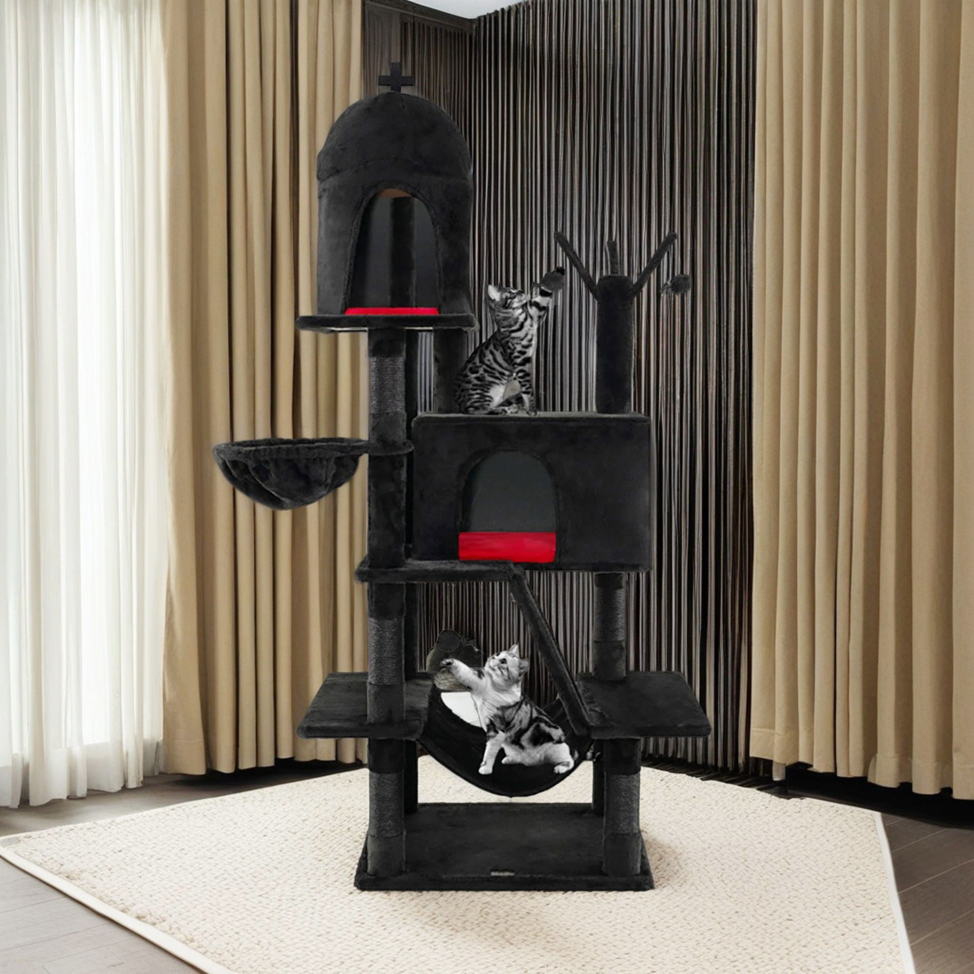 Kadyn 67" Tall Gothic Cat Tree for Large Cats, Cat Tower with Sisal Scratching Posts, Bat-Shaped Hanging Ball, Multi-Level Spooky Cat Condo, Black