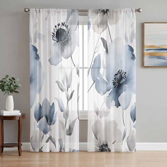 Blue Grey Spring Floral Sheer Curtains 108 Inch Length 2 Panels Set, Elegant Summer Botanical Voile Window Treatment Semi Sheer Long Curtains Drapes for Bedroom/Living Room/Kitchen 52"x108"x2
