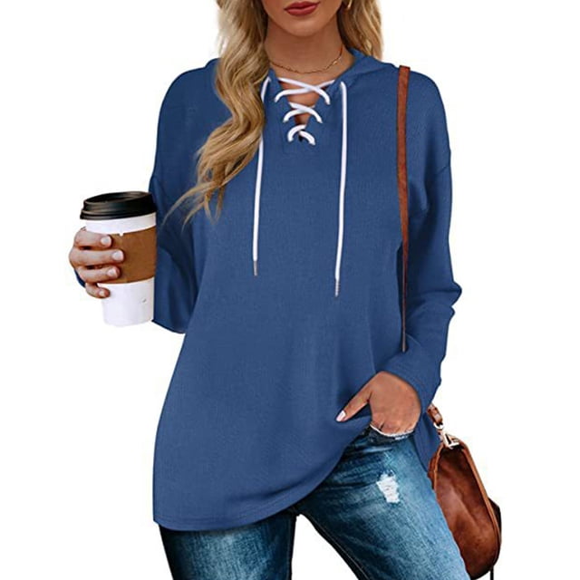 Sudadera de mujer con cuello en V y cordón de manga larga, sudadera con capucha, camiseta holgada informal para mujer