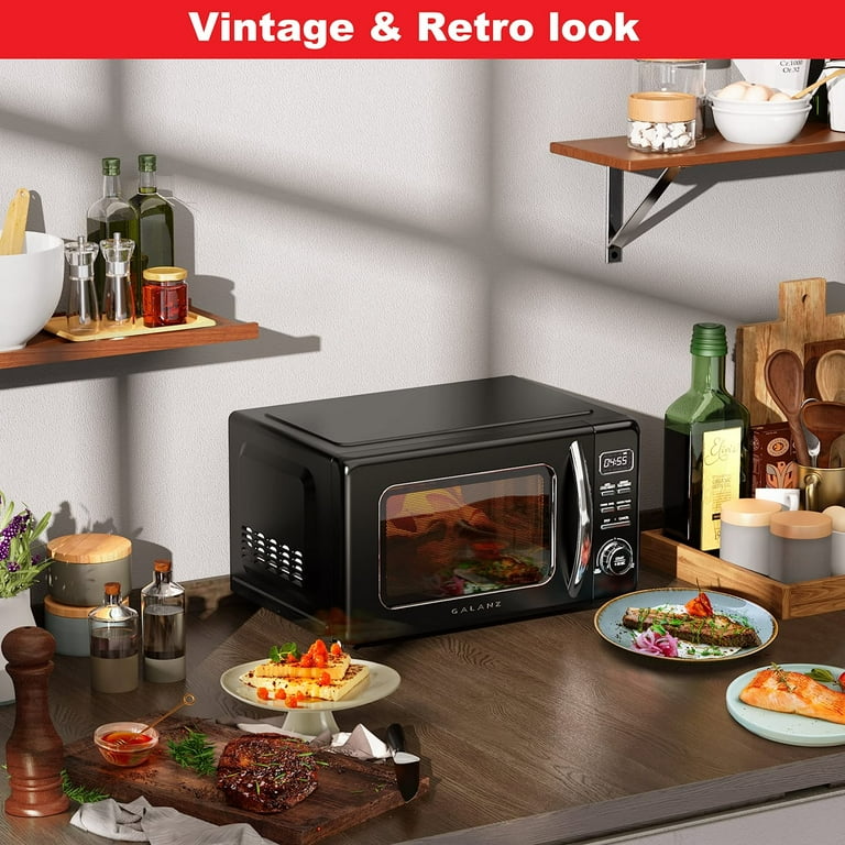 Galanz Retro Countertop Microwave Oven with Auto Cook Reheat Defrost Quick Start Functions Easy Clean with Glass Turntable Pull Handle .9 cu