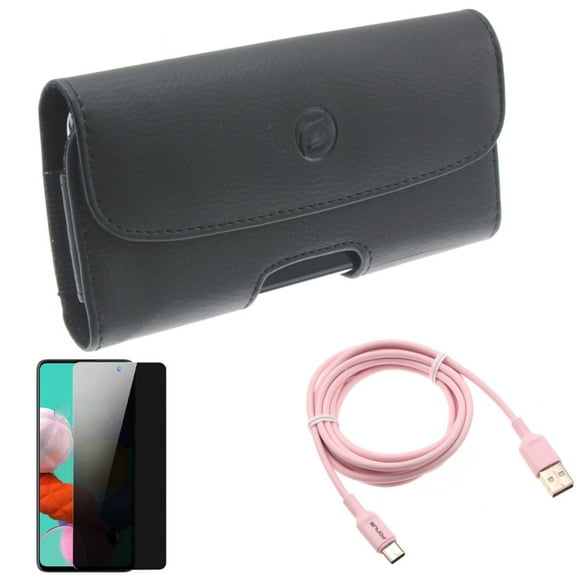 Privacy Screen Protector & 6ft USB-C Cable & Case Belt Clip for Samsung Galaxy S20 Fan Edition - Tempered Glass Anti-Spy   Pink Charger Cord   Leather Holster Combo