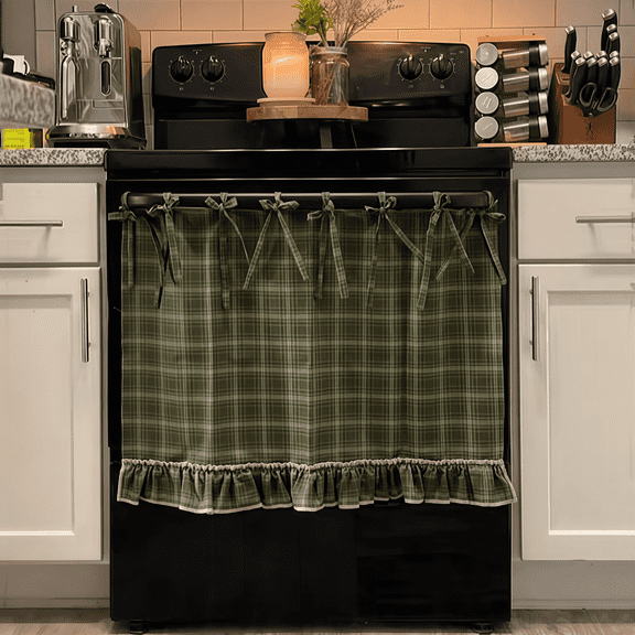 Golikin 2026 New Oven Curtain Handmade Oven Skirt for Farmhouse Kitchen Decor, Cotton Blend Stove Cover Skirt with Lace Trim & 9 Ribbon Ties, Dishwasher Curtain, Oven Curtain Tie Top(Green)