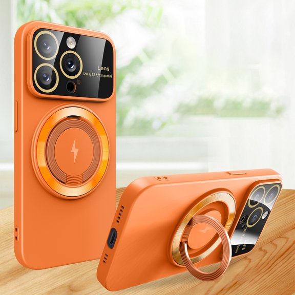 Dteck for Apple iPhone 15 Pro Max Case, Magnetic Cover with Ring Stand, 2023 New Large Window Shockproof Phone Case Magnetic Bracket, Compatible with Magsafe Case with Camera Lens Protector, orange