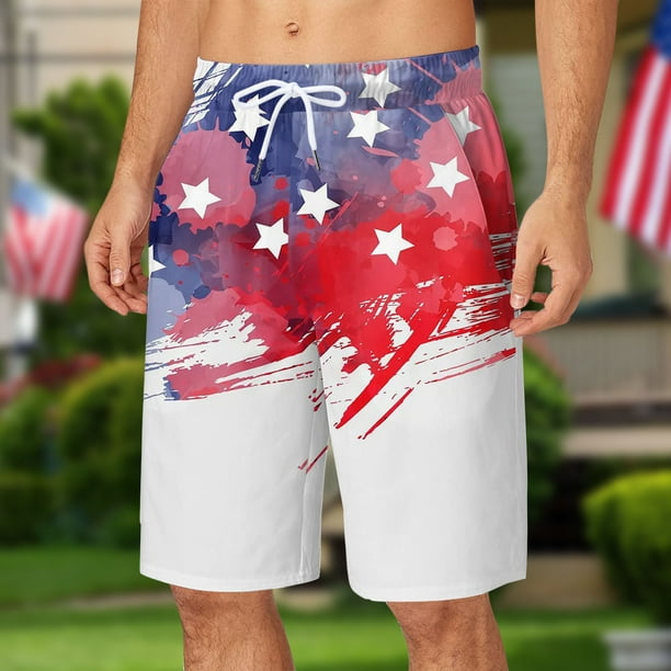 WILLBEST Pantalones Cortos Cargo para Hombre, Pantalones Cortos de Verano para Hombre, Holgados, con Cordones, con Estampado de Bandera Roja y Azul, Estilo Casual