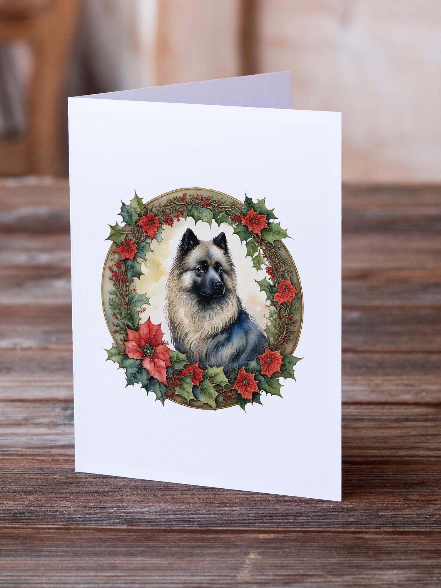 Keeshond Christmas Flowers Greeting Cards Pack of 8 7 in x 5 in