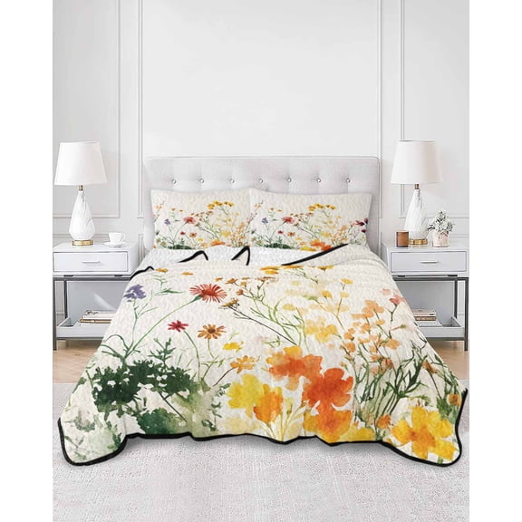 Quilts Twin Size, Beige Floral Spring Soft Comforter Bedding Set for Bed, Vintage Farmhouse Flowers Lightweight Quilted Bedspread with Pillow Cover(2 Pieces) for All Season, 68x86 Inch