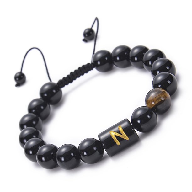 Sonducket 26 pulseras con letras ajustables de 10mm, cuentas de piedra de ojo de tigre de ónix negro Natural, de cuerda trenzada, regalo Ropa, zapatos y accesorios Miscelánea No.19