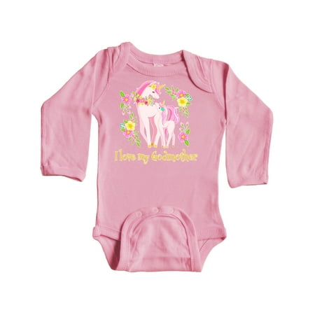 

Inktastic I Love My Godmother Unicorn with Pink and Yellow Flowers Gift Baby Boy or Baby Girl Long Sleeve Bodysuit