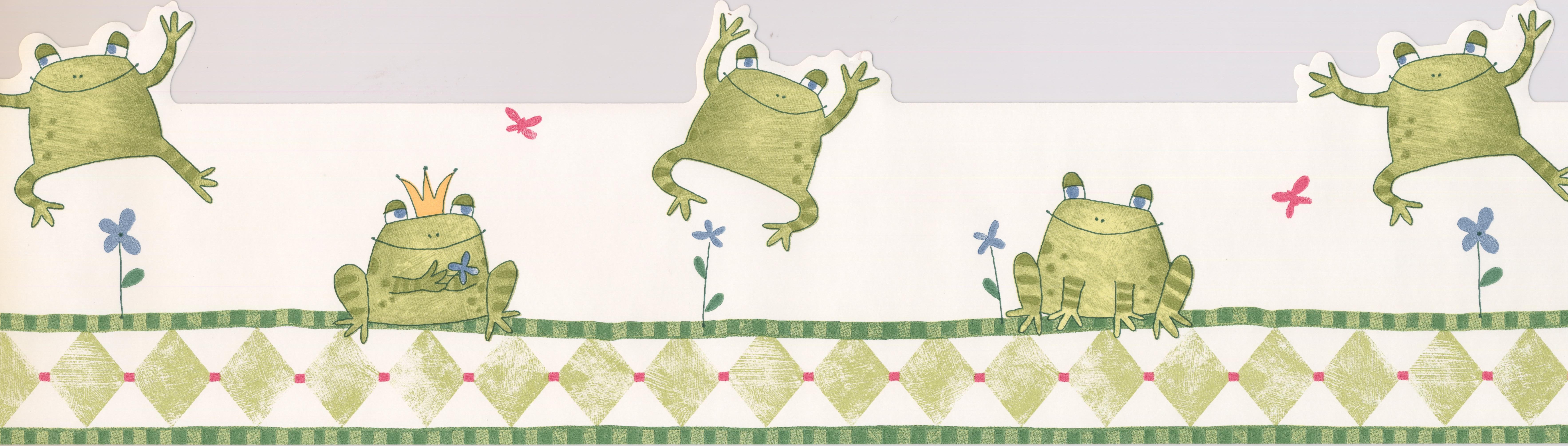 Green Frogs White Wallpaper Border for Kids Bathroom Bedroom, Roll 15