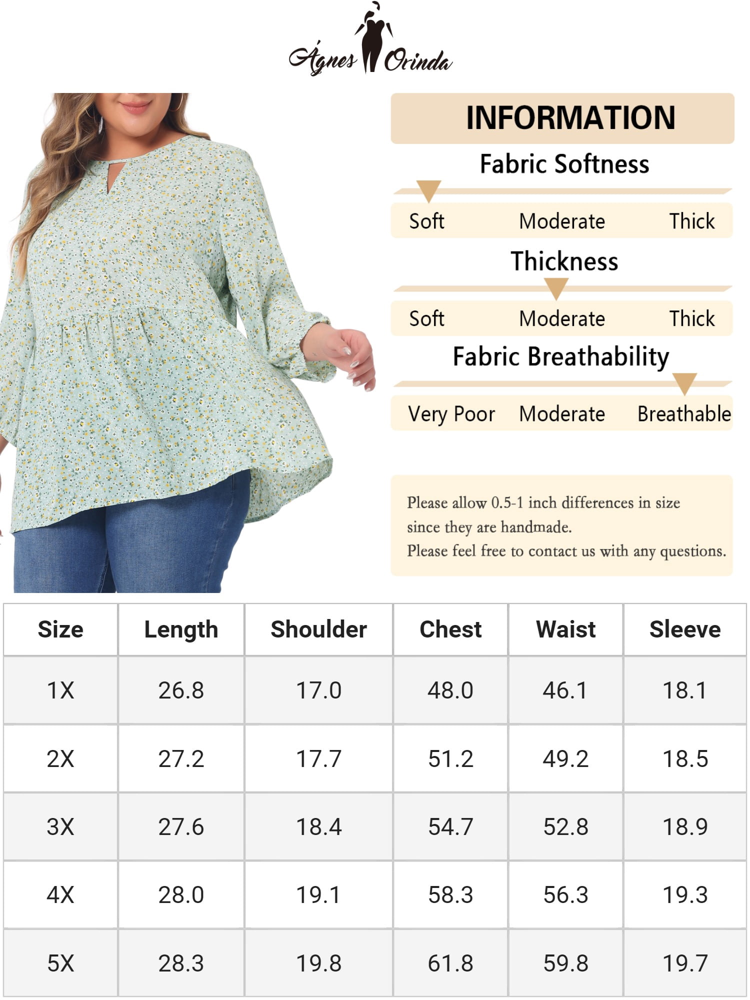 DARING DIVA Women's Plus Size 3/4 Sleeves Chiffon Keyhole Floral Tops 4X Light Green