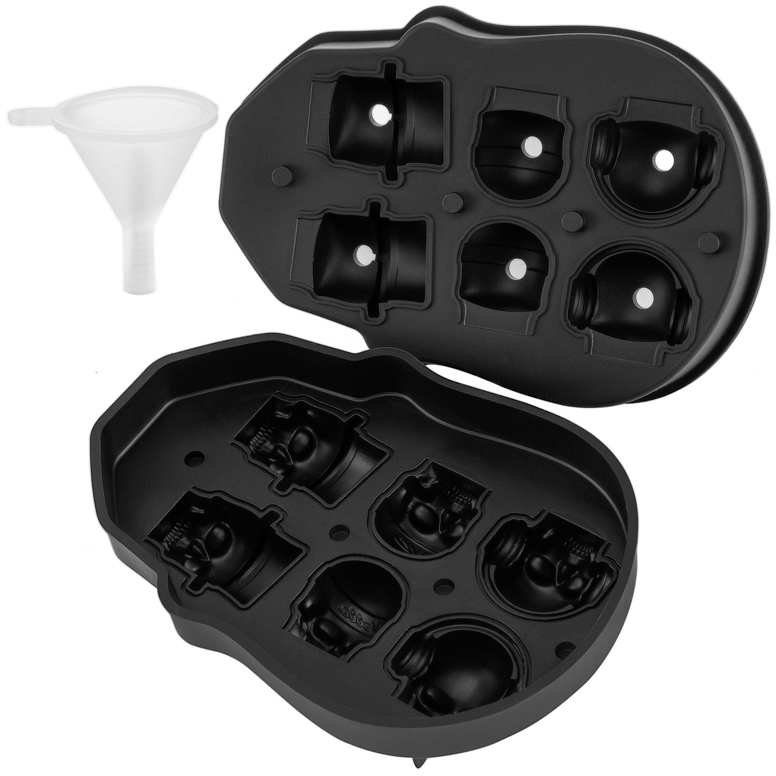 6-Grid Skull Shaped Ice Cube Tray with Lid & Funnel, Food-Grade Silicone 3D Skull Mold, Sealed Leak-Proof for Whiskey Cocktails Halloween Party Bar
