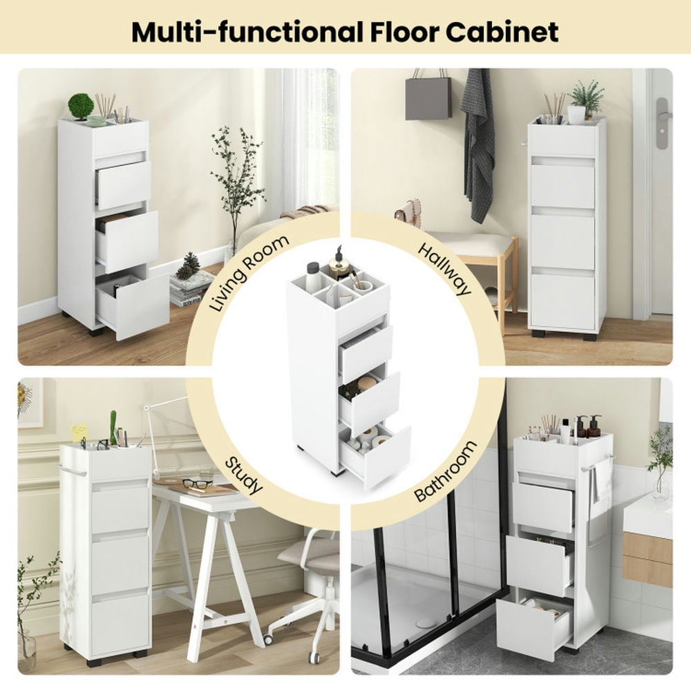 Finihen Bathroom Storage Cabinet, Bathroom Floor Cabinet, Bathroom Floor Cabinet with 3 Drawers, 4 Top Dividers and 1 Towel Rack, for Bathroom, Living Room, Bedroom, Kitchen, White Finihen Bathroom Storage Cabinet, Bathroom Floor Cabinet, Bathroom Floor Cabinet with 3 Drawers, 4 Top Dividers and 1 Towel Rack, for Bathroom, Living Room, Bedroom, Kitchen, White