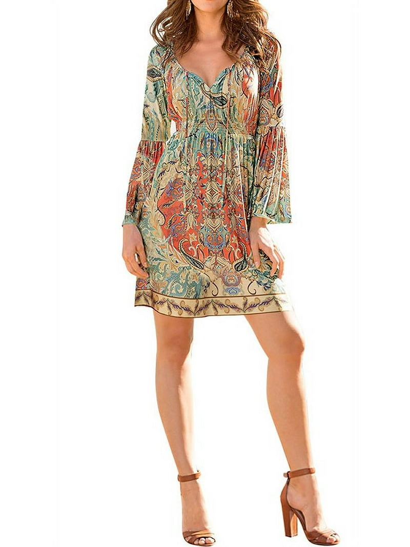 ZXZY Boho Style Dress Long Sleeve Beach Summer Dresses Floral Print Vintage Maxi Dress - Walmart.com