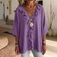 thumbnail image 7 of ClodeEU Women's Linen Blend Ruffle V Neck Half Sleeve Blouse,Casual Loose Solid Shirt Top Purple,Women's Plus M, 7 of 7