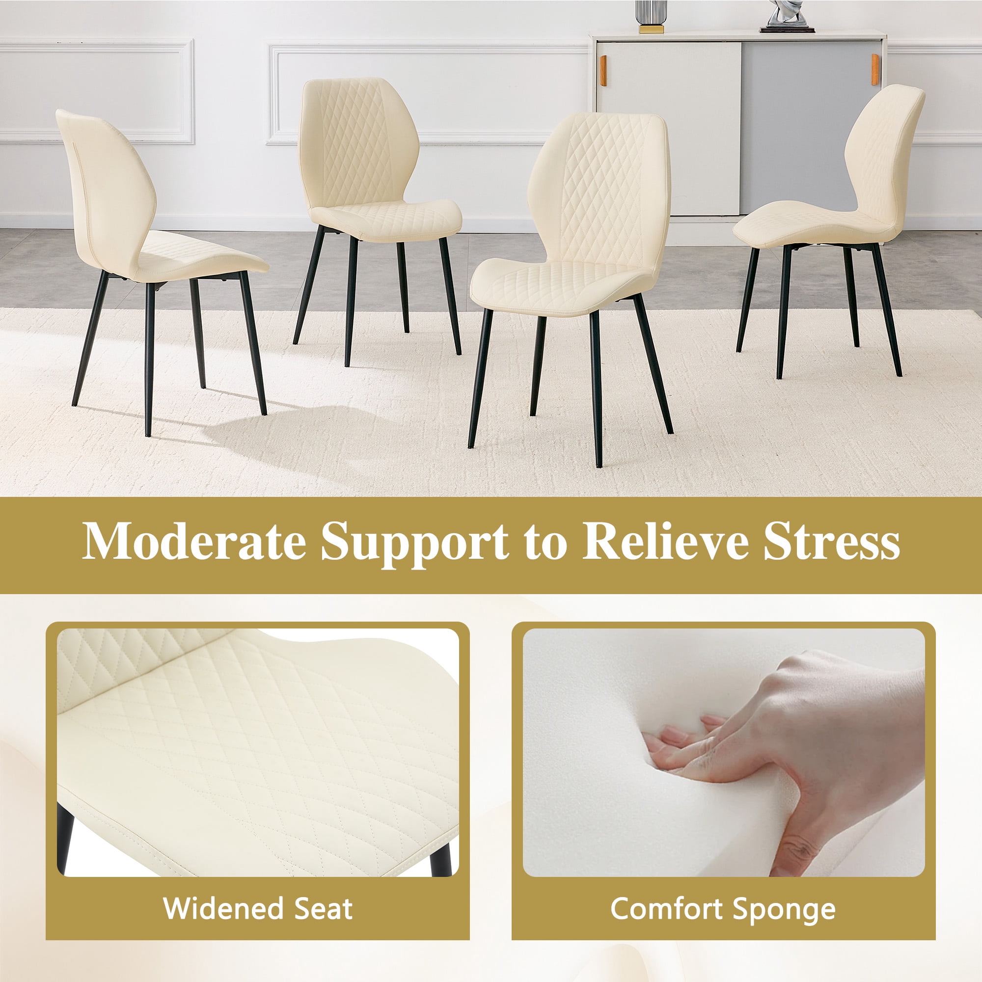 MOONMISS Dining Chairs Set of 4,Modern luxury Diamond-Quilted PU chairs with black metal legs for Dining Room Living Room,Beige