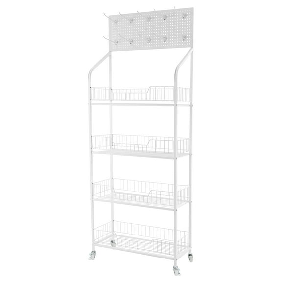 Modern 4-Tier Retail Display Stand with 10 Hooks,  Wheels, Elevated Guardrails, Raised Bottom and Practical Storage for Store Organization