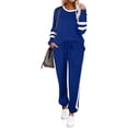 thumbnail image 1 of Wrcnote Women Striped Crew Neck Tops Sweatsuits Color Block Casual Long Sleeve T-shirt Lounge Sets Drawstring Pants Two Piece Outfit Blue XXL, 1 of 5