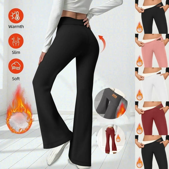 Aboser Womens Flare Yoga Pants Thermal Fleece Lined Leggings Winter Athletic Workout Pants Tummy Control High Waist Leggings Soft Wide Leg Trousers Black L