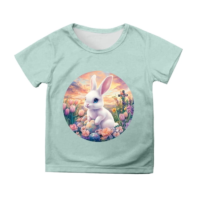 MIASHUI T-Shirt Garçon Mignon avec Imprimé Lapin, Filles Joyeuses Pâques, Vert Menthe, 10-11 Ans
