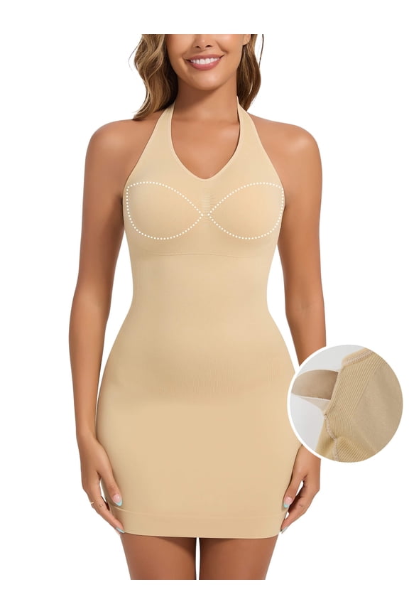 Shapewear Slip Dress with Built in Bra for Women V-Neck Halter Tummy Control Full Slips Convertible straps