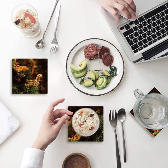 FMSHPON Hamster and Mushroom Forest Theme Picture Set of 4 Coaster for Drinks, Absorbent Ceramic Stone Coasters Cup Mat with Cork Base for Home Kitchen Room Coffee Table Bar Decor