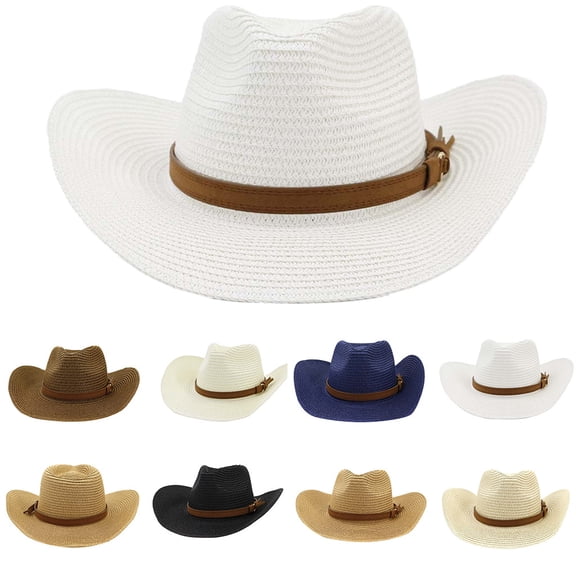Unisex Straw Cowboy Hat Wide Brim Western Style Beach Sun Protection Cap