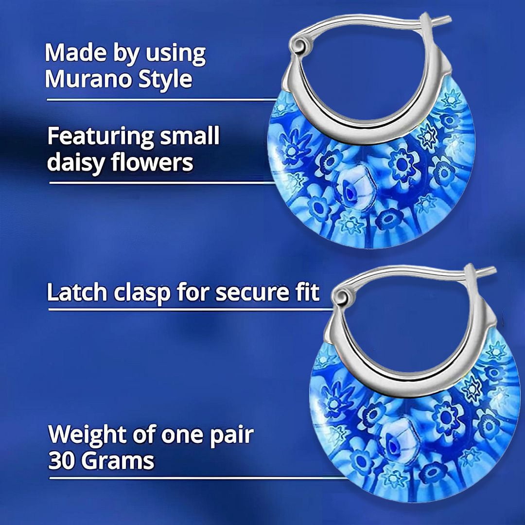 Blue Murano Style Millefiori Glass Hoop Earrings for Women Daisy Flower Stainless Steel Jewelry Ct. 30 Birthday Christmas Gifts