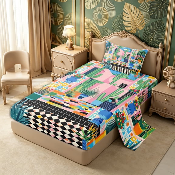 Castle Fairy Boho Tropical Courtyard Twin Sheets 3pcs,Geometric Mosaic Motif Bedding,Pink Teal Orange,1 Flat Sheet, 1 Fitted Sheet and 1 Pillowcase