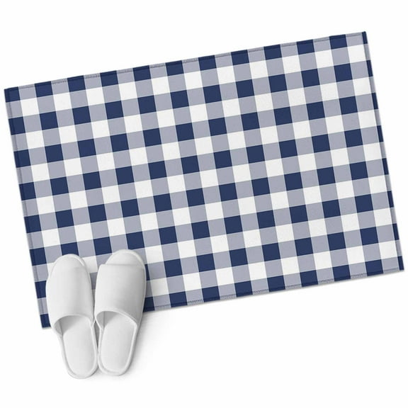 Navy Blue White Plaid Bathroom Mat 2x3 FT, Non Slip Small Kitchen Mat, Farmhouse Checkered Buffalo Washable Soft Backed Front Door Throw Rug Non-Shedding Indoor Outdoor Doormat for Entryway Sink