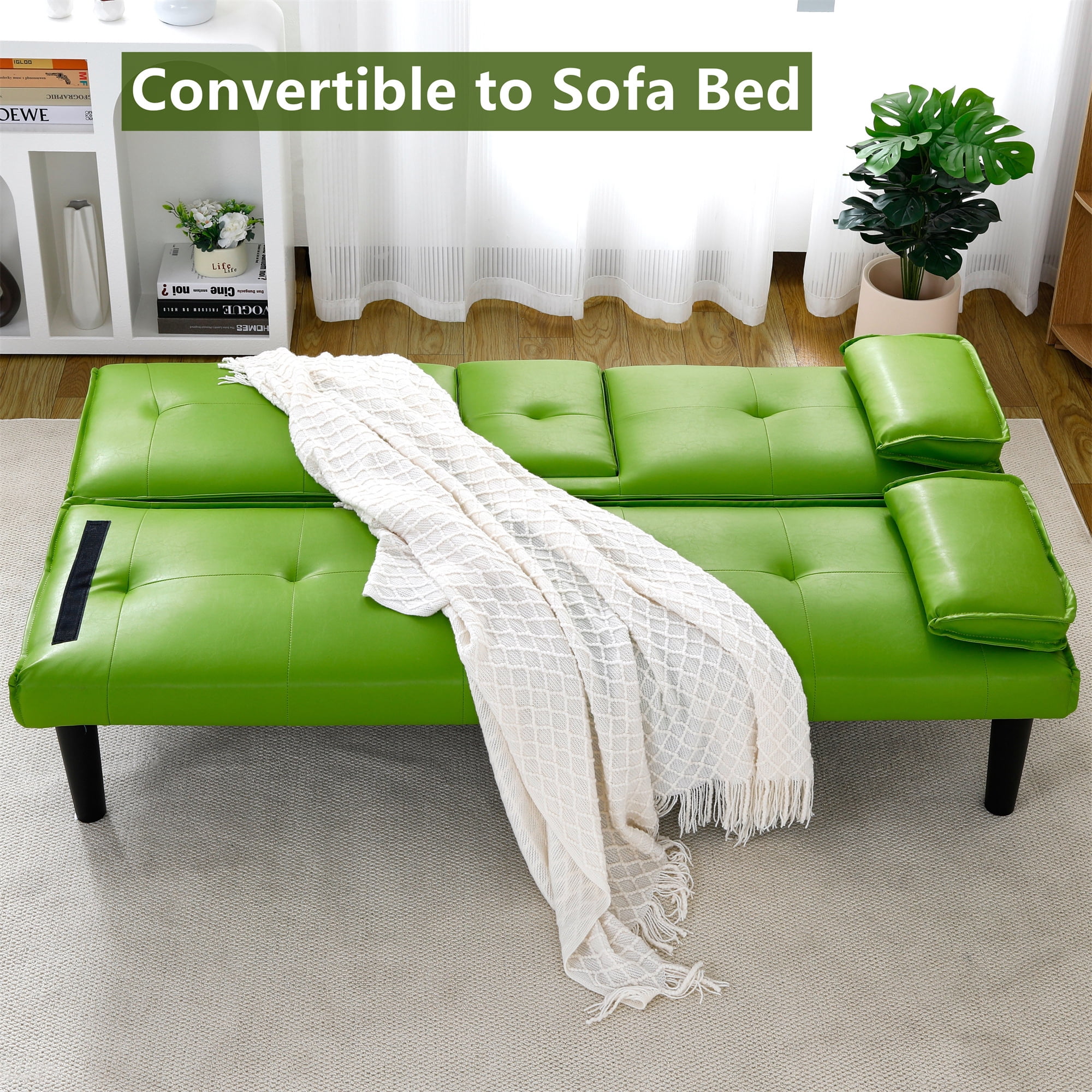 Aukfa Leather Futon Convertible Sofa Bed for Home Office, 2 Cup Holders&Pillows, Green