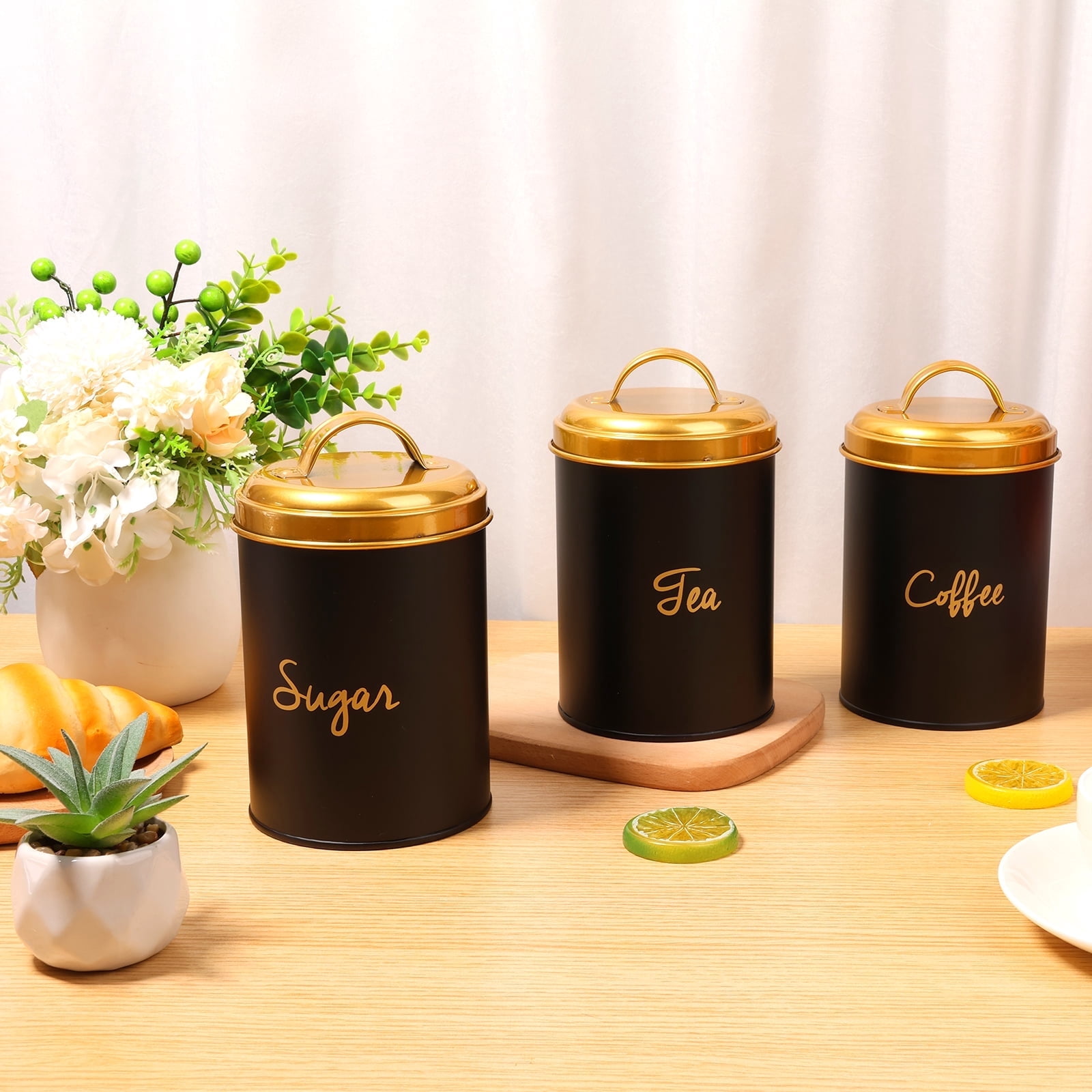 FUYGRCJ 3PCS Kitchen Canisters with Airtight Lid, Metal Coffee Sugar Tea Canisters Set, Airtight Metal Canister Tin Set, Food Storage Containers Jars, Rustic Kitchen Decor Containers for Countertop