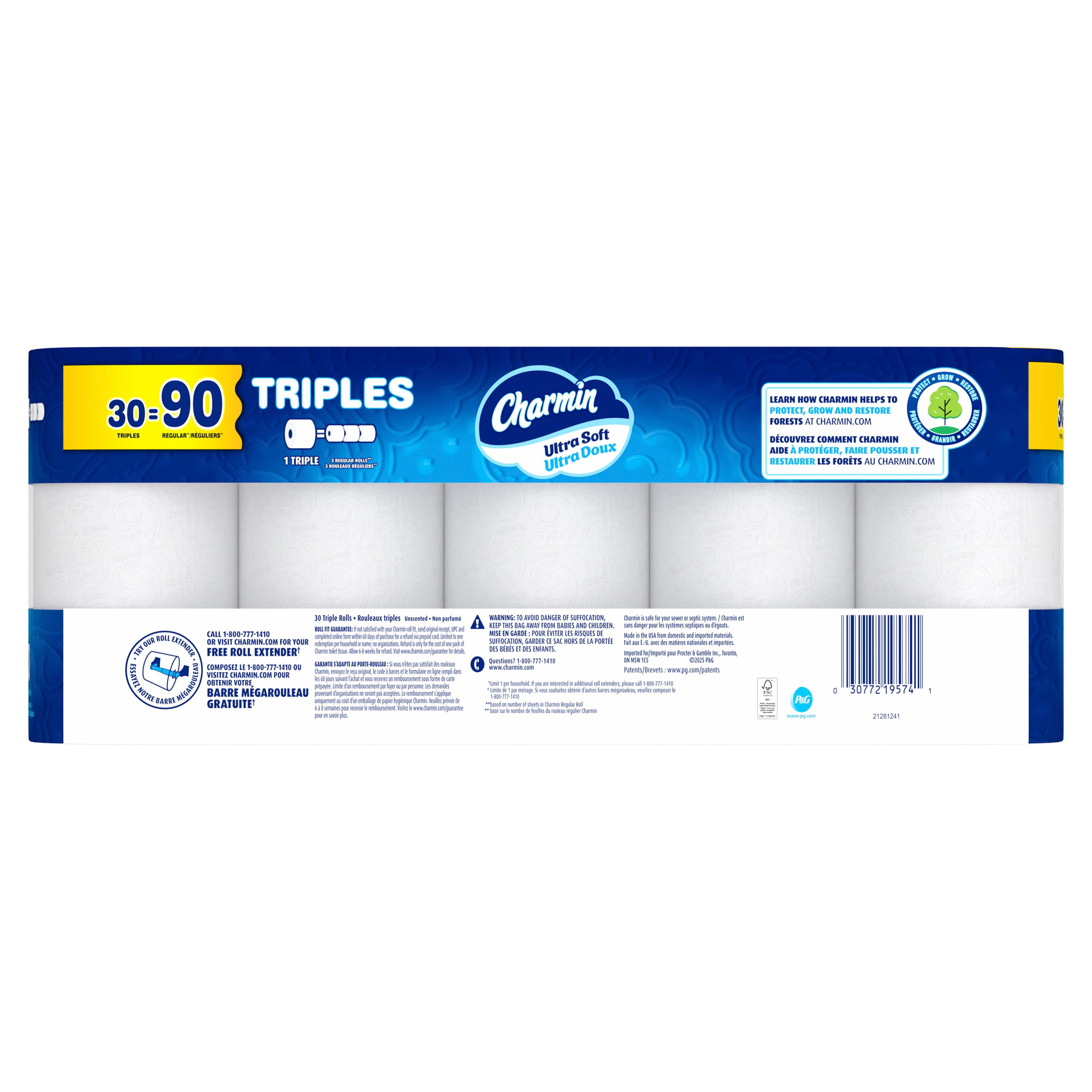 Charmin Toilet Paper Ultra Soft, 30 Triple Rolls = 90 Regular Rolls, 2-ply Bath Tissue, 30 Count