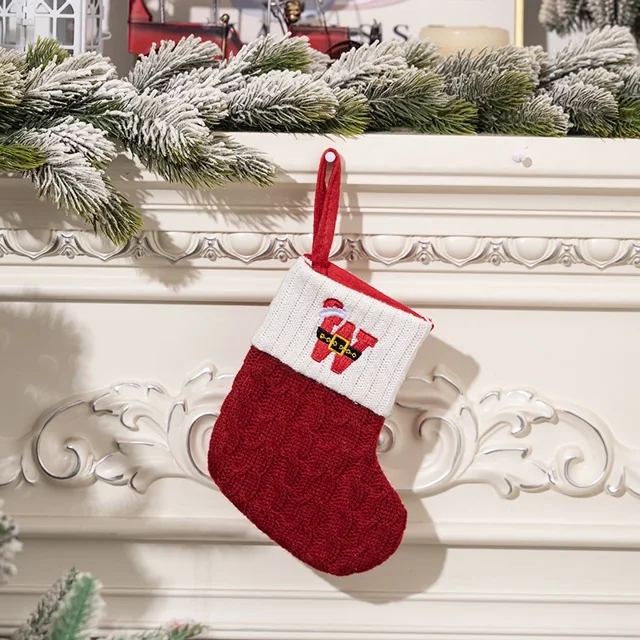 Christmas Stockings Decorations Knitted Socks with Letter Knit Stocking, Alphabet Pendant Gift Bag Xmas Stockings Personalized