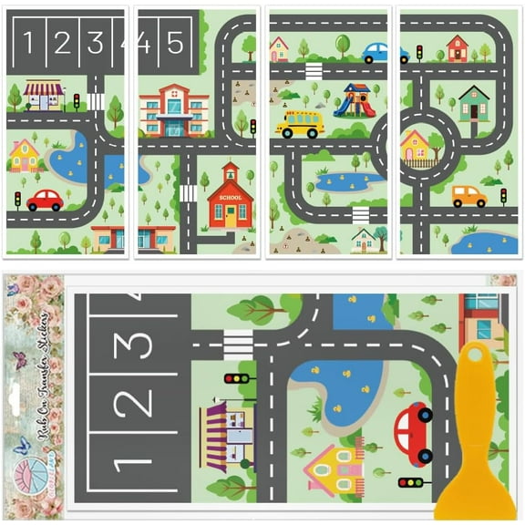 4 Sheets Road Map Furniture Transfers Stickers 6x12inch Racing Track Rub on Transfer UV Self-Adhesive Stickers Wall Art Craft for Bedroom Living Room Desk Table Decoration