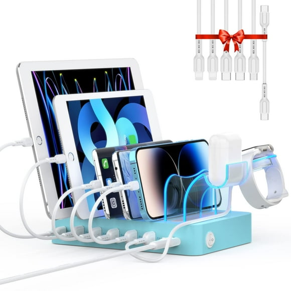SooPii 60W 6-Port PD Charging Station for Multiple Devices, 20W PD USB C Fast Charging for lPhone 14/13/12,6 Short Cables Included, 2 in 1 Holder,for Phones,Tablets and Others