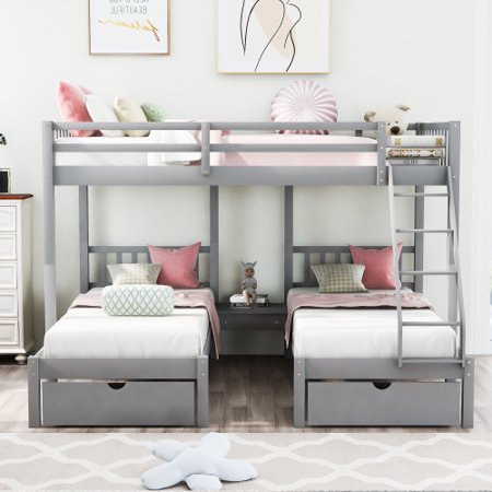 Full Over Twin Triple Bunk Bed with Storage  3 in 1 Wood Bed Frame with Drawers & Safety Guardrails & Ladder for Kids  Teens  Adults  No Box Spring Needed Mattress Not Included