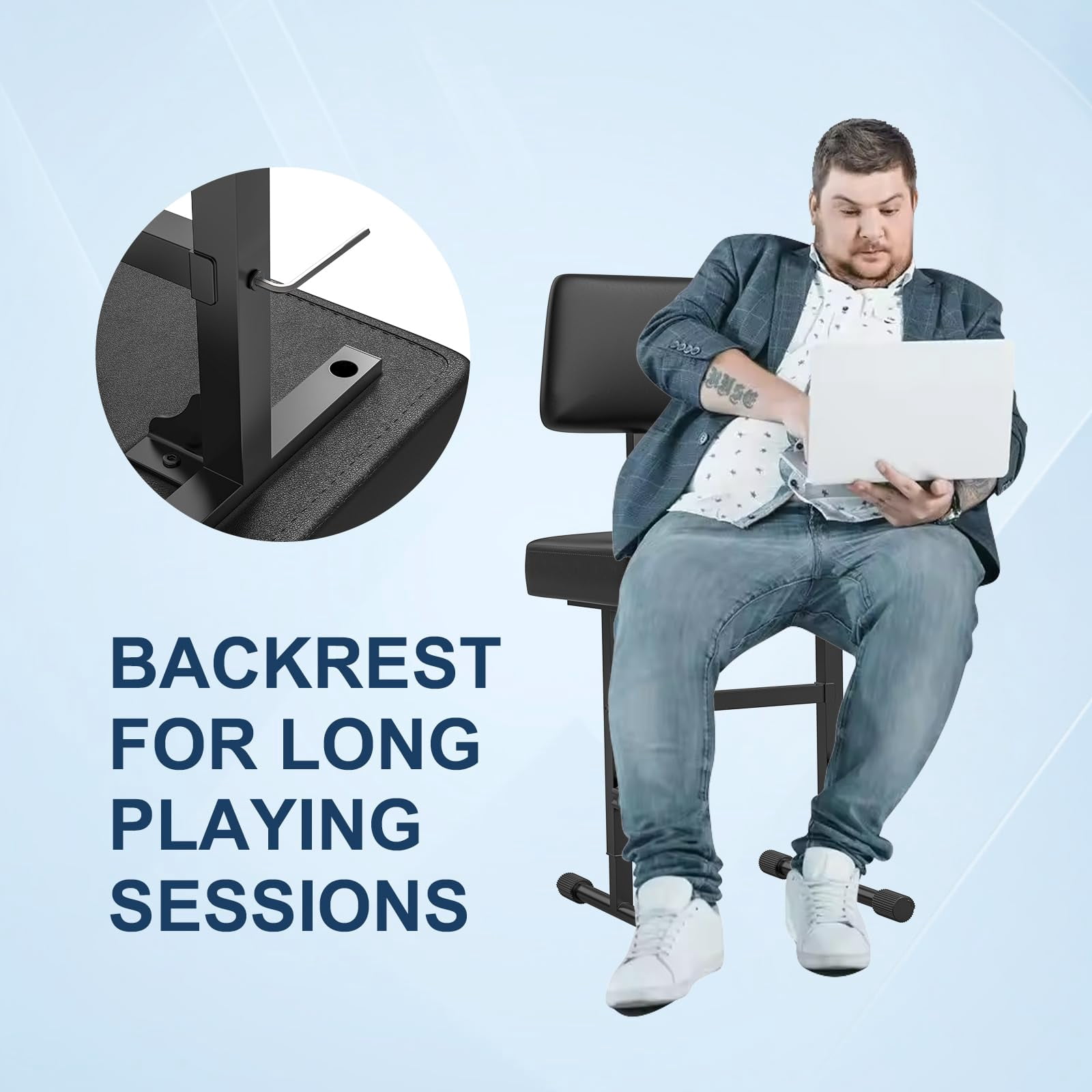 Keyboard Bench Piano Padded Cushion With Backrest Height Adjustable 17.5in - 22in Chair Black (thick Padding) Iron Legs
