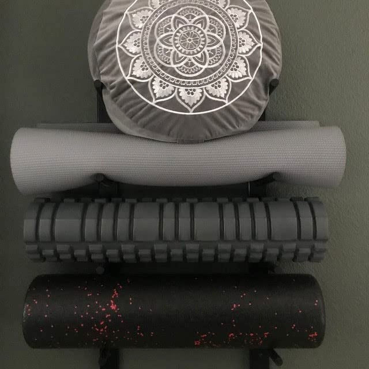 Foam Roller & Yoga Mat Storage Rack. Holds 4, 8, 12 etc. Modular (Sold by The Pairs and no. of Pairs You get Determines no. of mats/Rollers You Hold). Easy Wall Mount. Hardware Included. Black.