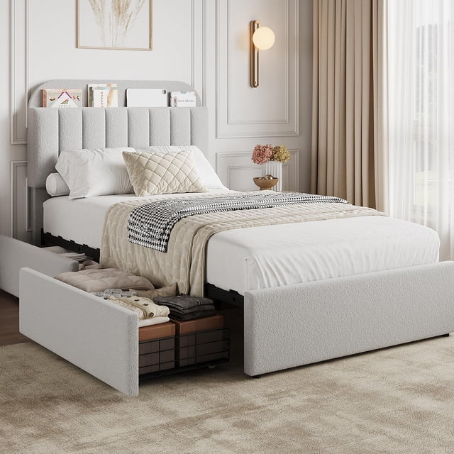 Bingirl Twin Gray Bed Frame with Storage Headboard - Boucle Upholstered Platform Bed with 2 Drawers and Bookcase, No Box Spring Needed, Easy to Assemble