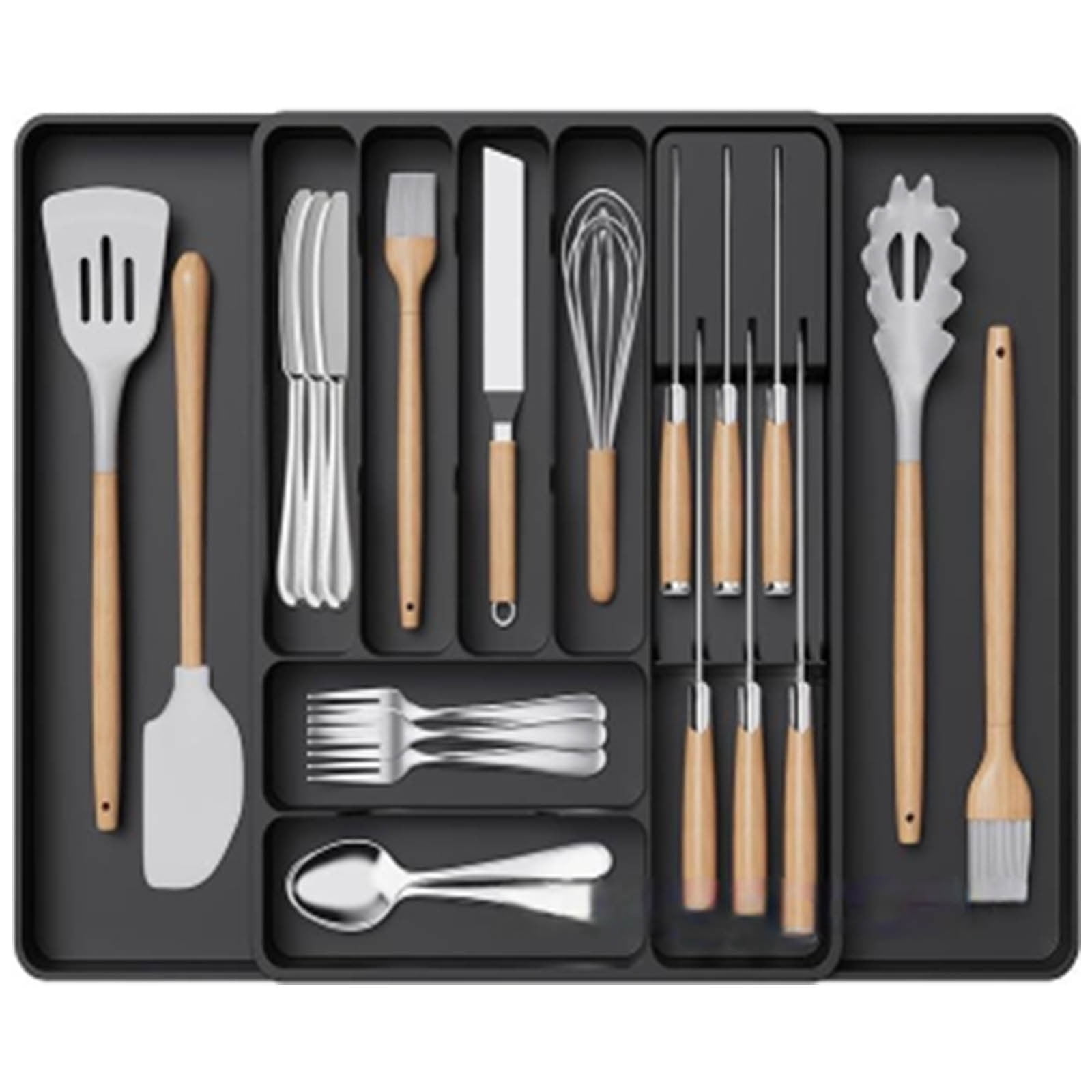 Expandable Utensil Tray, Adjustable Kitchen Drawer Organizer, Cutlery Storage Rack with Removable Dividers, Plastic Drawer Organizer for Knives Forks Spoons Kitchen Utensil Organization