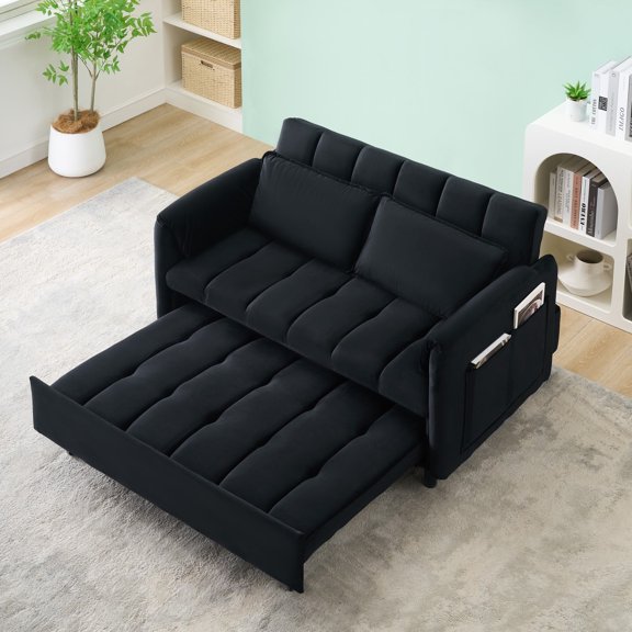 Newboti Furniture 52 "Black Modern Velvet Sofa, Sofa Pull-Out Bed, Small Love Seat Casual Sofa With Back, Pillow, Pockets, Living Room Furniture, 3 In 1 Convertible Sleep Sofa Bed. 81269