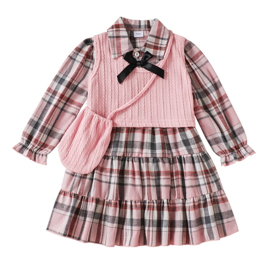 Baby Girls Clothes Toddler Girls Fall Dress 4T Girls Long Sleeve Dress 5T Girls Plaid Dress with Vest Cute Bag Pink