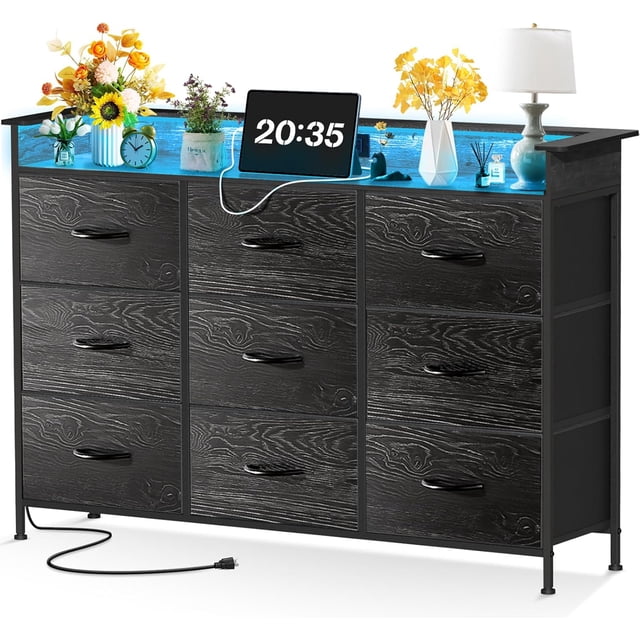 FURRIFIC Comoda Cajonera para Recamara, Comodas y Cajoneras con 2 Salidas y 2 USB Luces Led, Mueble Organizador Cajoneras de Estructura Metal con 9 Cajones, Almacenamiento de Casa y Oficina (Blanco)